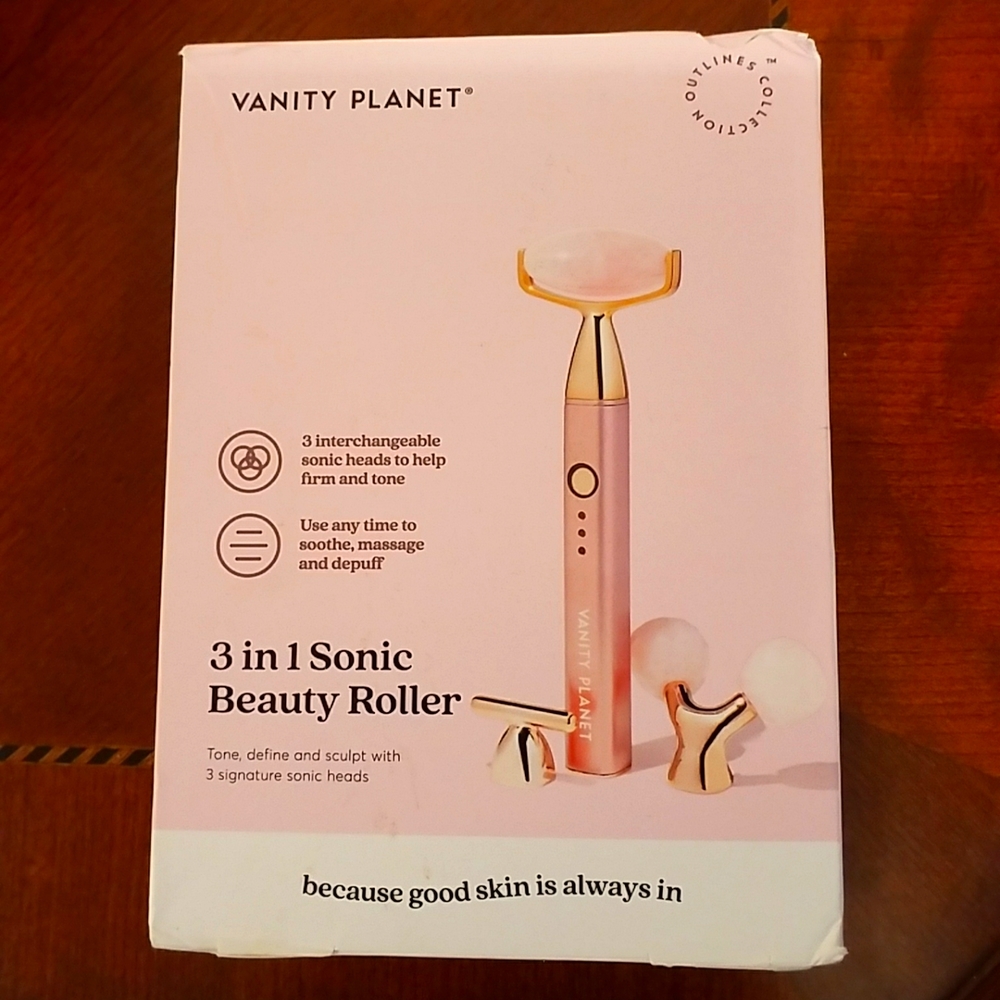 Vanity Planet 3-in-1 Sonic Rose Quartz Beauty Roller. NEW. Rose Gold/Pink color